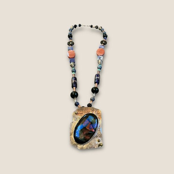 Handmade Sterling Mixed Media Beaded Necklace With Dichroic Glass & Stone Penda - Picture 2 of 9